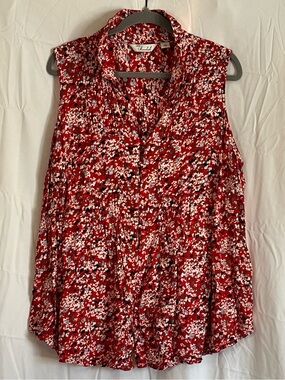 Red Floral Sleeveless Button-Down Top